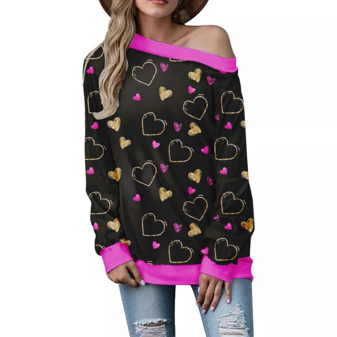 Women's Heart Pattern Printed Long Sleeve Loose Shoulder Sweater