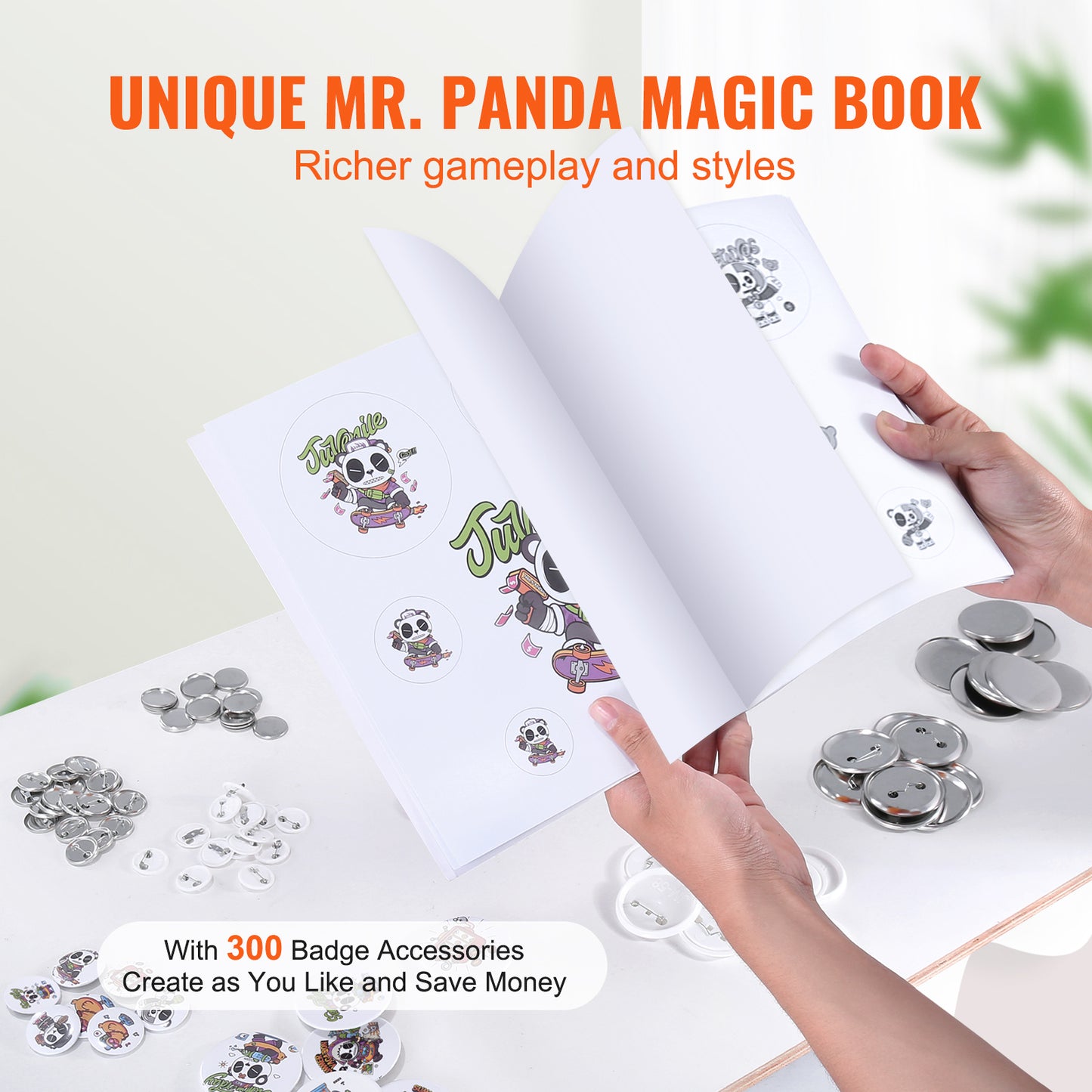 Button Maker by VEVOR, 3-IN-1 Pin Maker, With 300pcs Button Parts, Button Maker Machine With Panda Magic Book, Ergonomic Handle Punch Press Kit, For Children DIY Gifts