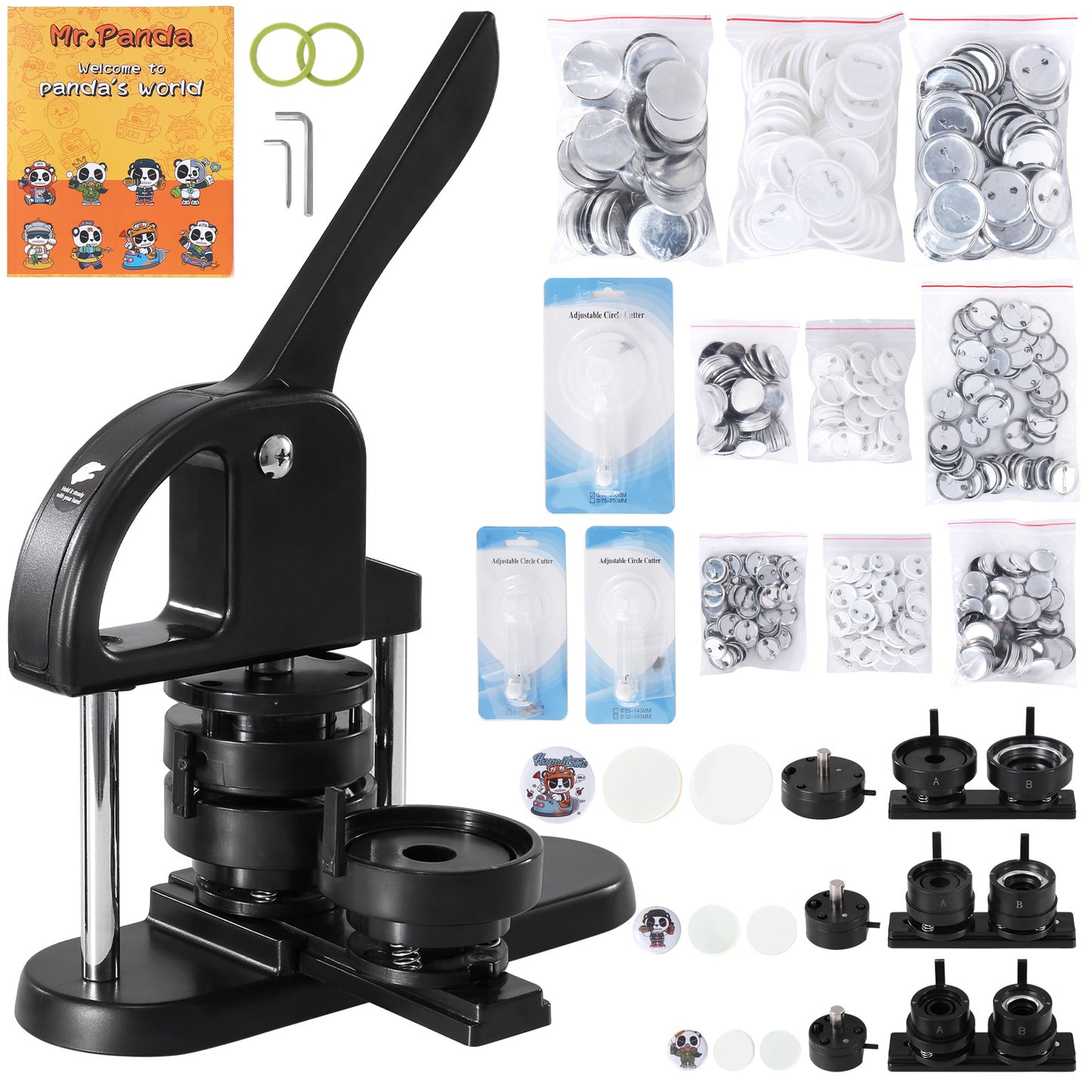 Button Maker by VEVOR, 3-IN-1 Pin Maker, With 300pcs Button Parts, Button Maker Machine With Panda Magic Book, Ergonomic Handle Punch Press Kit, For Children DIY Gifts
