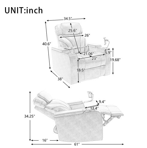 Power Motion Recliner With USB Charging Port, Hidden Arm Storage, Convenient Cup Holder, and Bluetooth Speaker