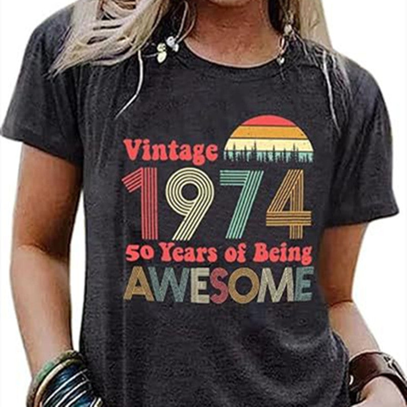 Custom Print Vintage Women's Graphic T-shirt Born in 1974 Stylized Print Party Top