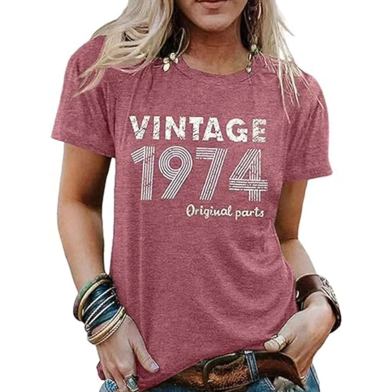 Custom Print Vintage Women's Graphic T-shirt Born in 1974 Stylized Print Party Top