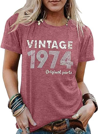 Custom Print Vintage Women's Graphic T-shirt Born in 1974 Stylized Print Party Top