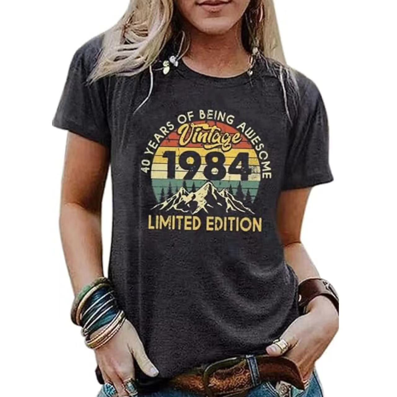 Custom Print Vintage Women's Graphic T-shirt Born in 1974 Stylized Print Party Top