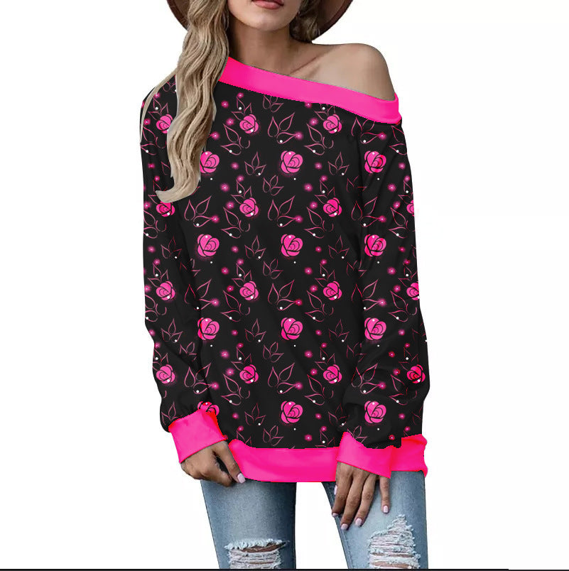 Women's Heart Pattern Printed Long Sleeve Loose Shoulder Sweater