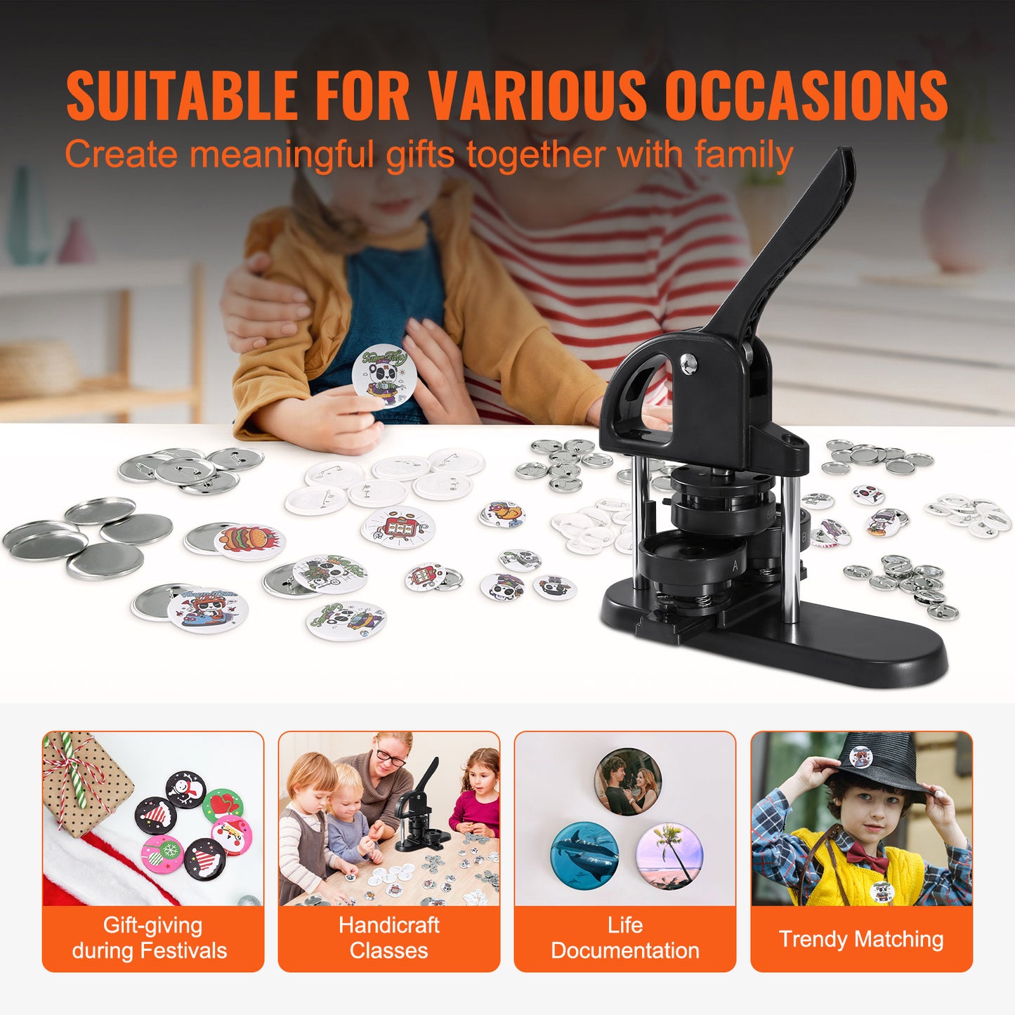 Button Maker by VEVOR, 3-IN-1 Pin Maker, With 300pcs Button Parts, Button Maker Machine With Panda Magic Book, Ergonomic Handle Punch Press Kit, For Children DIY Gifts