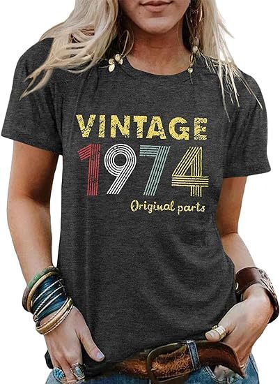 Custom Print Vintage Women's Graphic T-shirt Born in 1974 Stylized Print Party Top