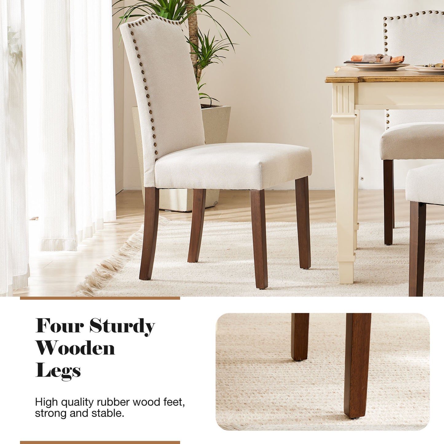 Modern Armless Dining Chairs With Upholstered Fabric,Nailhead Trim And Wood Legs