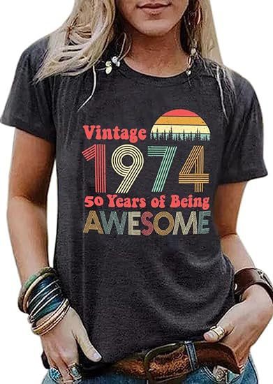 Custom Print Vintage Women's Graphic T-shirt Born in 1974 Stylized Print Party Top