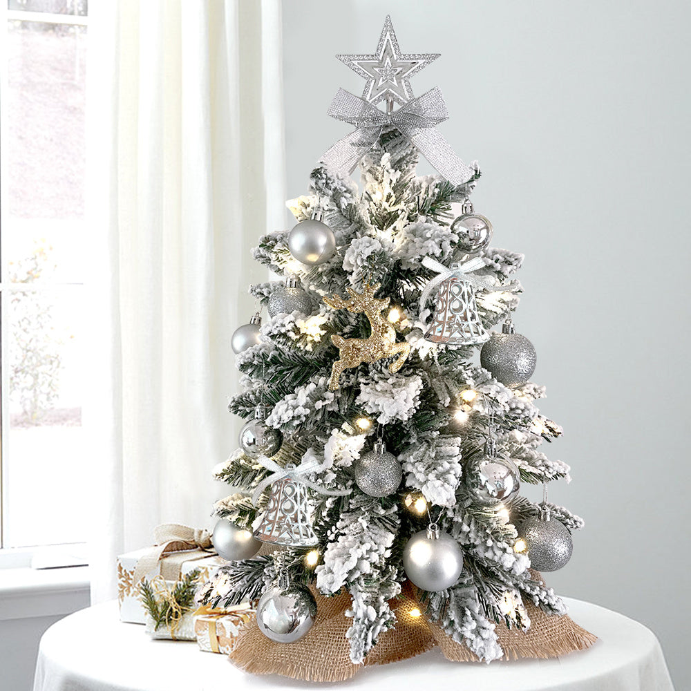 FREE Shipping!! 2ft Mini Christmas Tree WITH Lights and Ornaments! *Woodland* Flocked Snow, Exquisite Decor for Home or Office