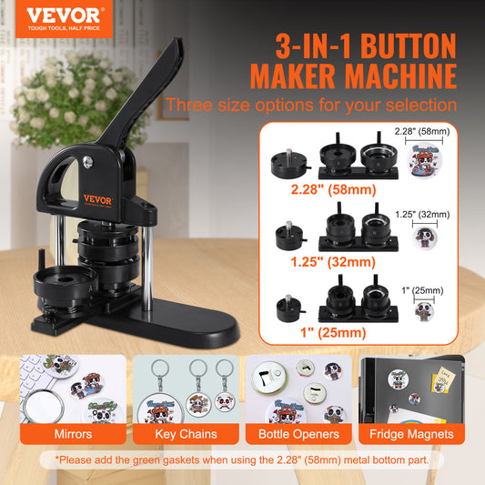 Button Maker by VEVOR, 3-IN-1 Pin Maker, With 300pcs Button Parts, Button Maker Machine With Panda Magic Book, Ergonomic Handle Punch Press Kit, For Children DIY Gifts