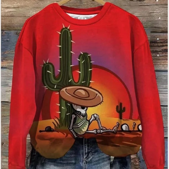 Printed Loose Round Neck Sweater For Women