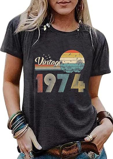 Custom Print Vintage Women's Graphic T-shirt Born in 1974 Stylized Print Party Top