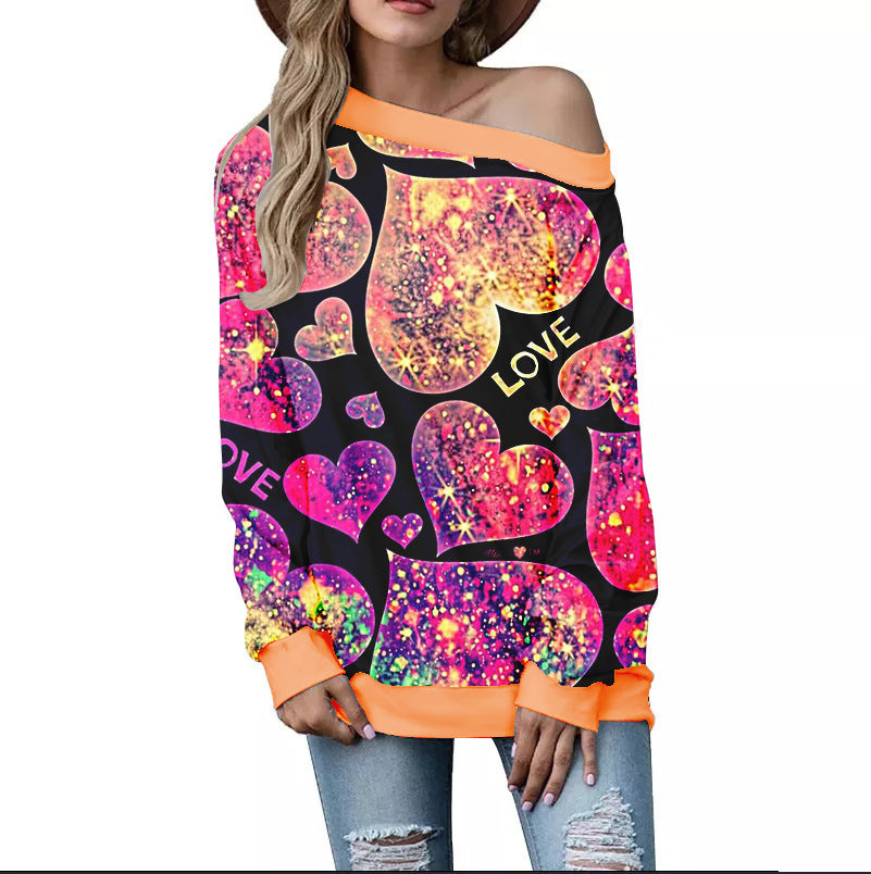 Women's Heart Pattern Printed Long Sleeve Loose Shoulder Sweater