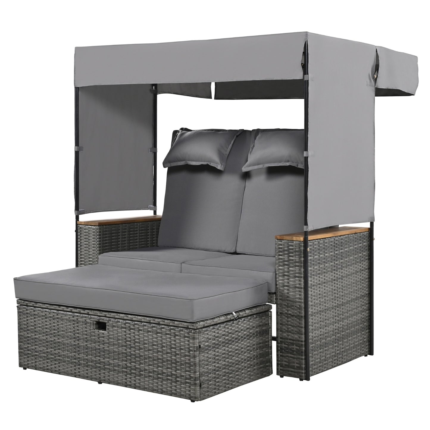 2-Piece Rattan Outdoor Patio Bench Lounge Roof Set, Effective UV Protection Fabric & Waterproof, TREXM