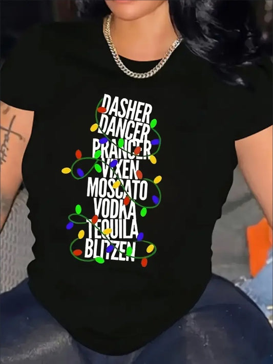 Women's Christmas Graphic Tee - Short Sleeve Crew Neck T-Shirt With Printed Festive Words, Regular Length, All-Season Comfort