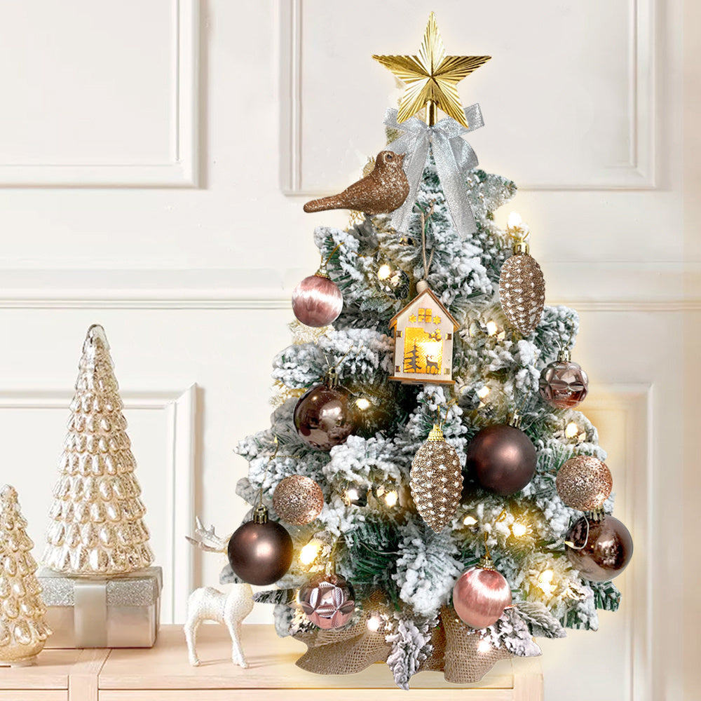FREE Shipping!! 2ft Mini Christmas Tree WITH Lights and Ornaments! *Woodland* Flocked Snow, Exquisite Decor for Home or Office
