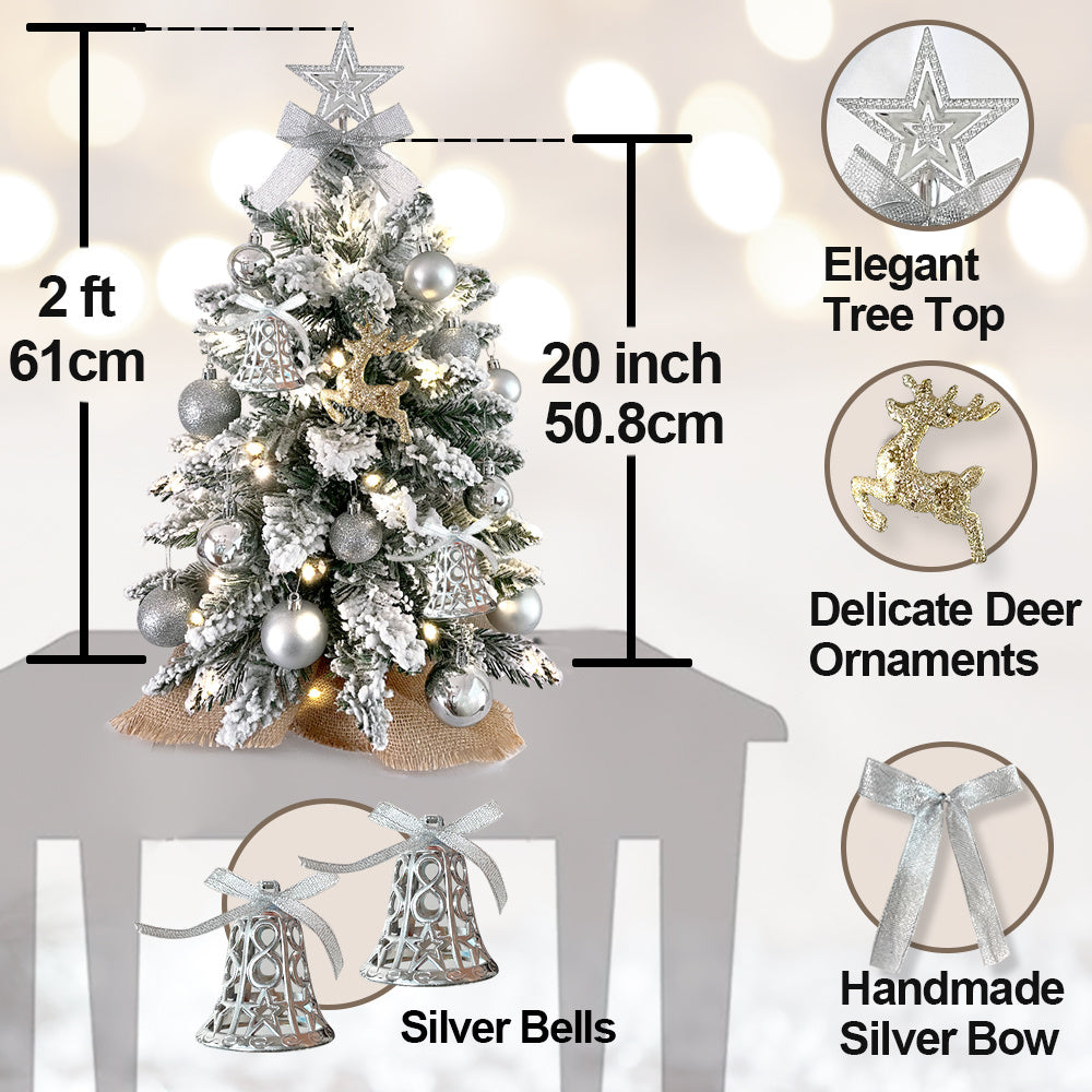 FREE Shipping!! 2ft Mini Christmas Tree WITH Lights and Ornaments! *Woodland* Flocked Snow, Exquisite Decor for Home or Office