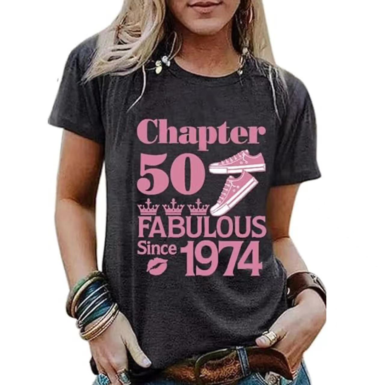 Custom Print Vintage Women's Graphic T-shirt Born in 1974 Stylized Print Party Top