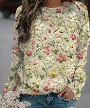 Printed Loose Round Neck Sweater For Women