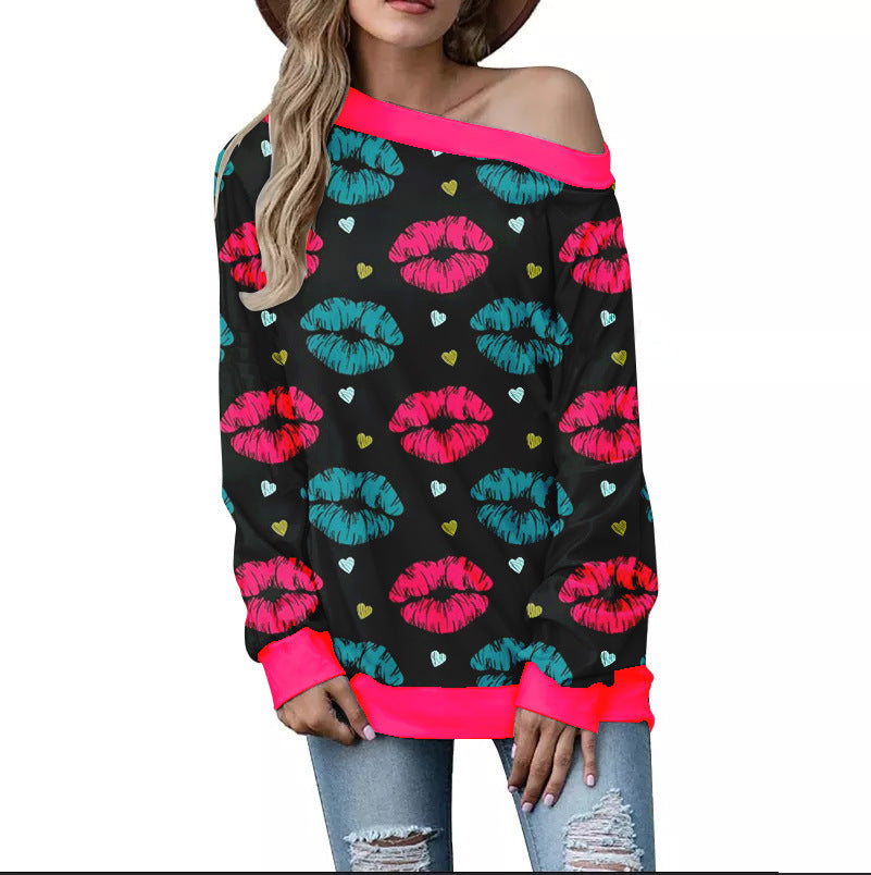 Women's Heart Pattern Printed Long Sleeve Loose Shoulder Sweater