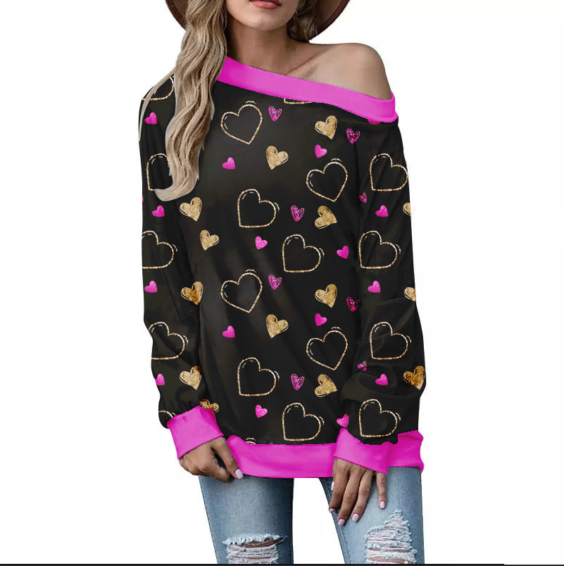 Women's Heart Pattern Printed Long Sleeve Loose Shoulder Sweater