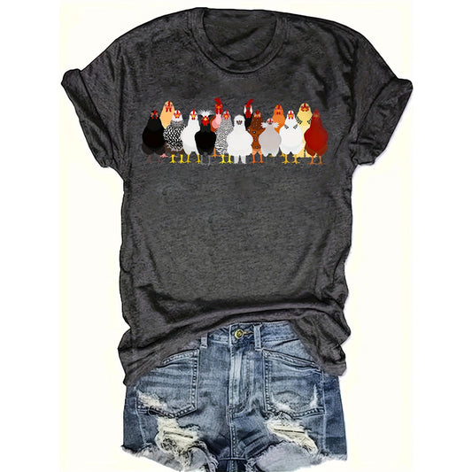 Women's Chicken Breeds Print Round Neck Tee - Fun Casual Summer Top