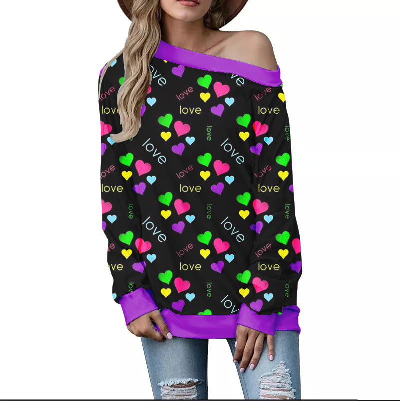 Women's Heart Pattern Printed Long Sleeve Loose Shoulder Sweater