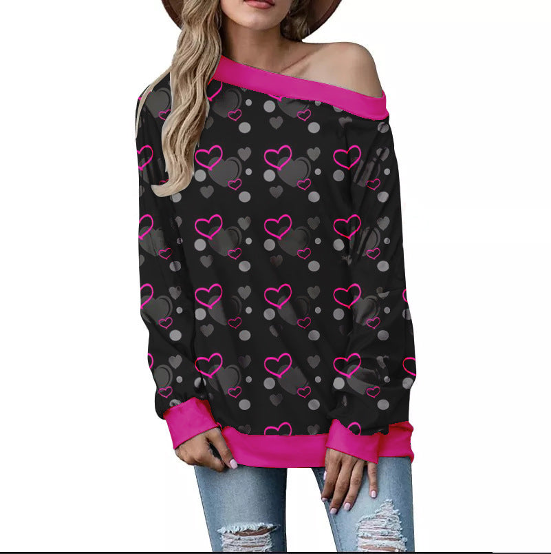 Women's Heart Pattern Printed Long Sleeve Loose Shoulder Sweater