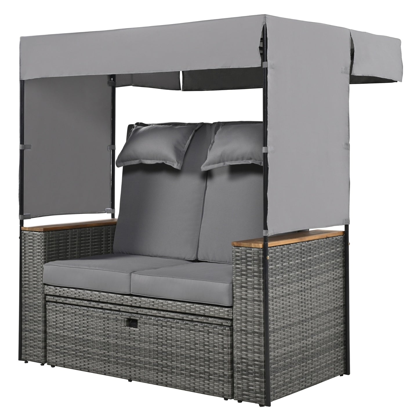 2-Piece Rattan Outdoor Patio Bench Lounge Roof Set, Effective UV Protection Fabric & Waterproof, TREXM
