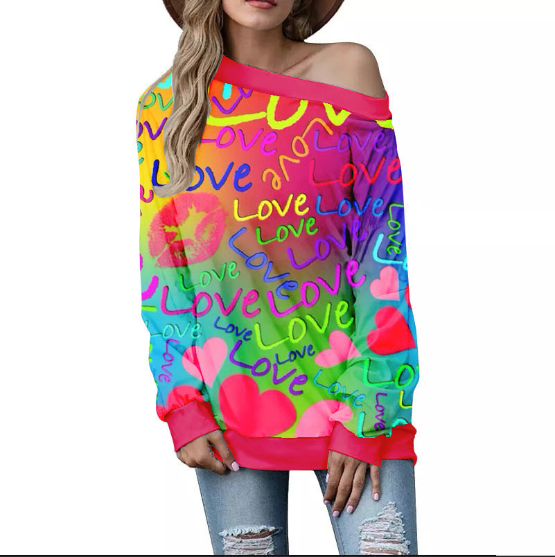 Women's Heart Pattern Printed Long Sleeve Loose Shoulder Sweater