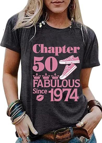 Custom Print Vintage Women's Graphic T-shirt Born in 1974 Stylized Print Party Top