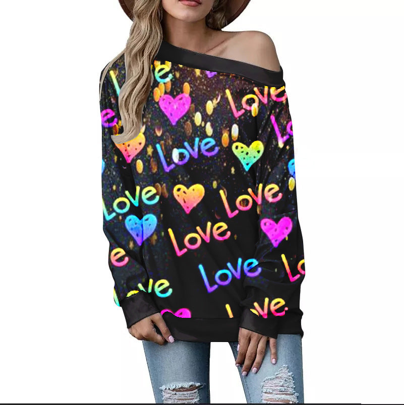Women's Heart Pattern Printed Long Sleeve Loose Shoulder Sweater