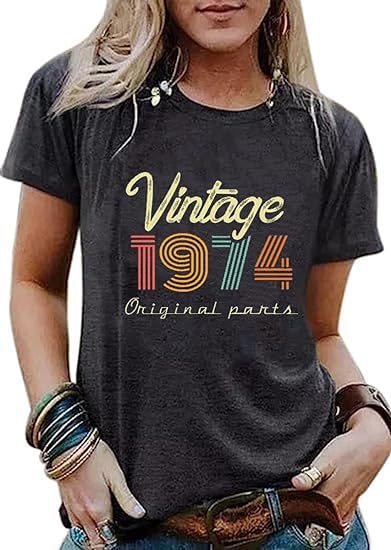 Custom Print Vintage Women's Graphic T-shirt Born in 1974 Stylized Print Party Top