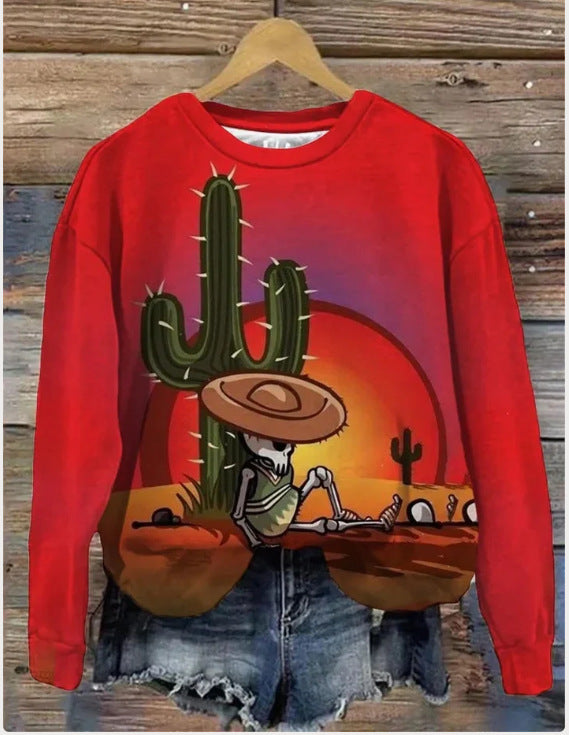 Printed Loose Round Neck Sweater For Women