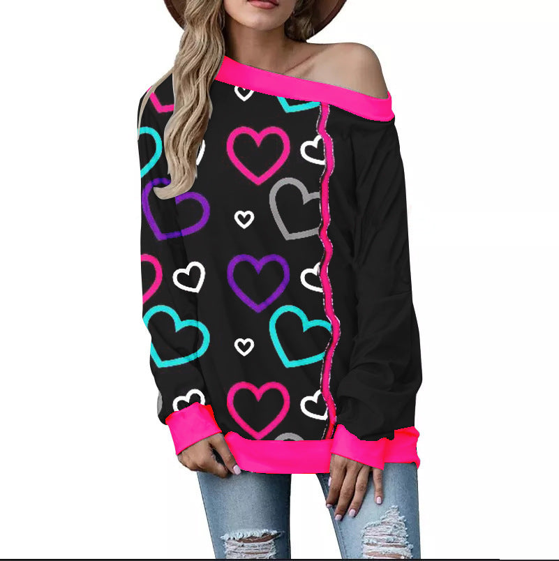 Women's Heart Pattern Printed Long Sleeve Loose Shoulder Sweater