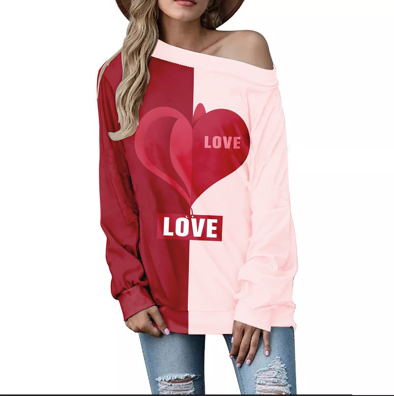 Women's Heart Pattern Printed Long Sleeve Loose Shoulder Sweater