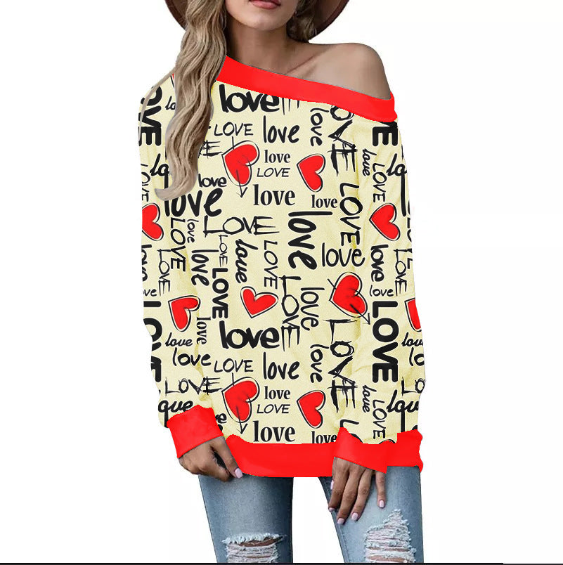 Women's Heart Pattern Printed Long Sleeve Loose Shoulder Sweater