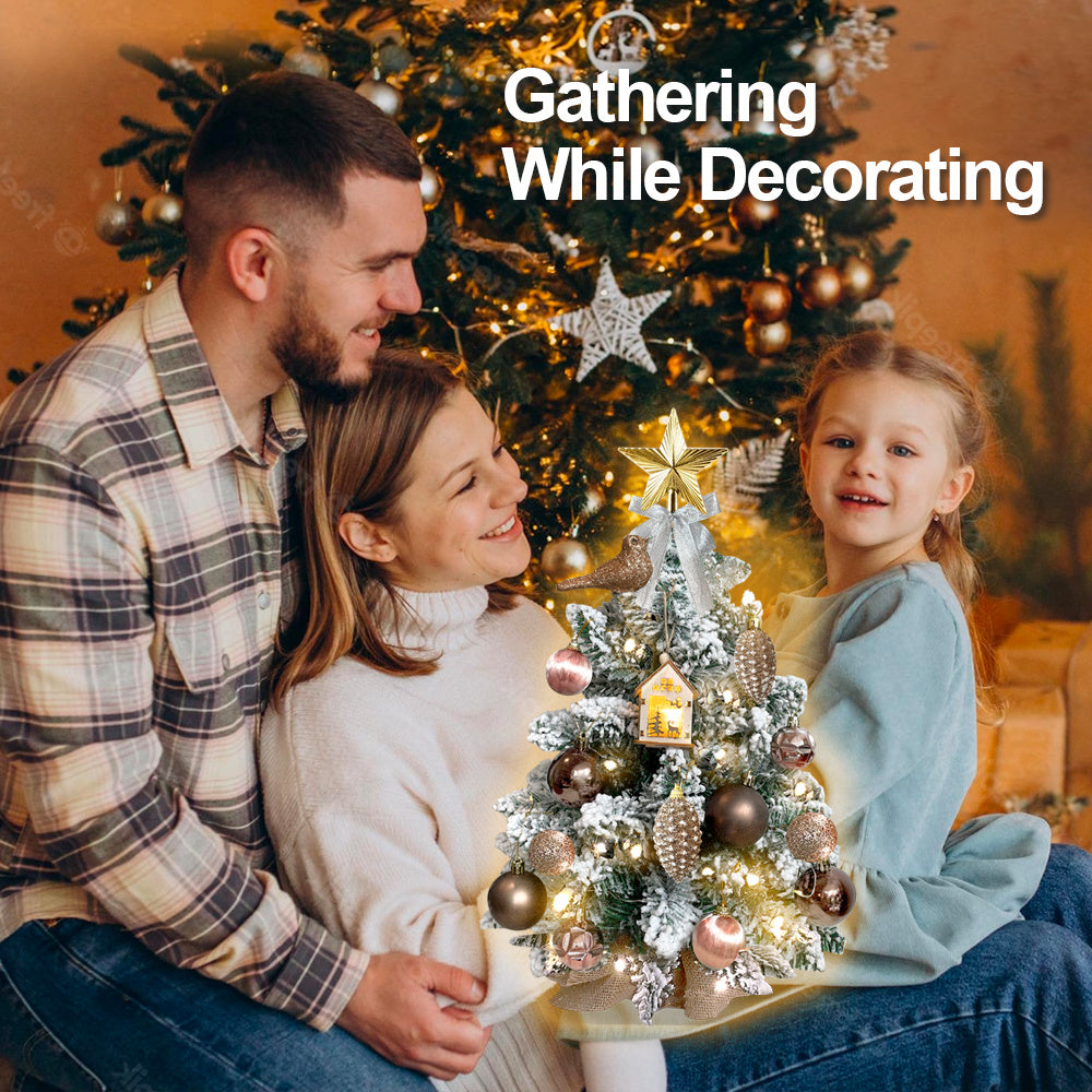 FREE Shipping!! 2ft Mini Christmas Tree WITH Lights and Ornaments! *Woodland* Flocked Snow, Exquisite Decor for Home or Office