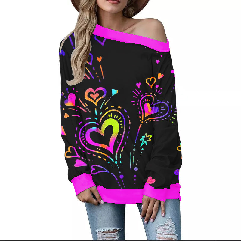 Women's Heart Pattern Printed Long Sleeve Loose Shoulder Sweater
