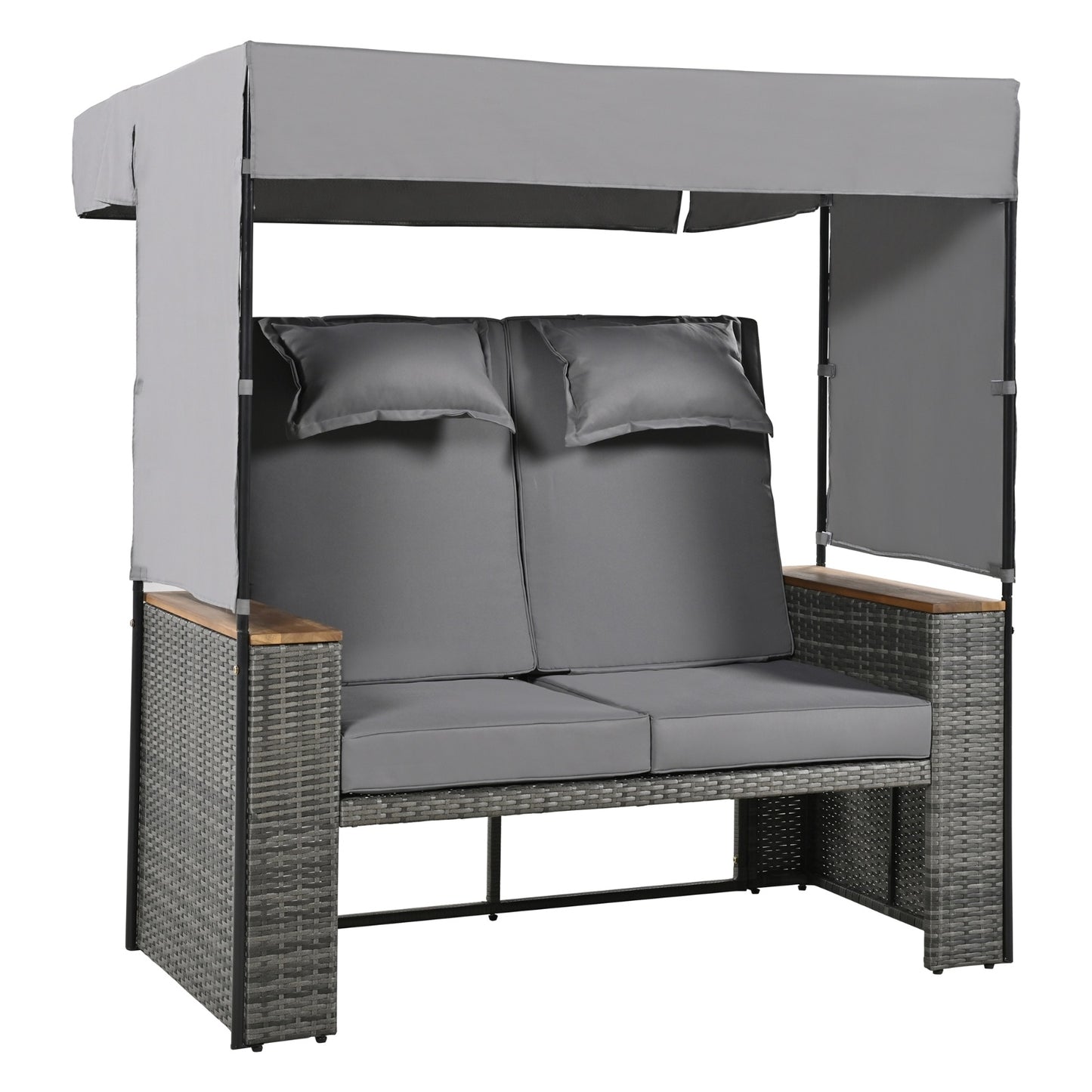 2-Piece Rattan Outdoor Patio Bench Lounge Roof Set, Effective UV Protection Fabric & Waterproof, TREXM