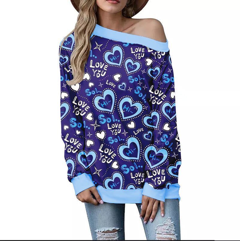 Women's Heart Pattern Printed Long Sleeve Loose Shoulder Sweater