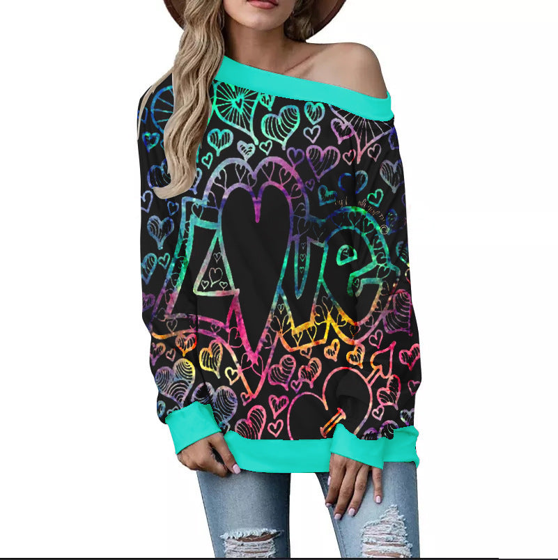 Women's Heart Pattern Printed Long Sleeve Loose Shoulder Sweater