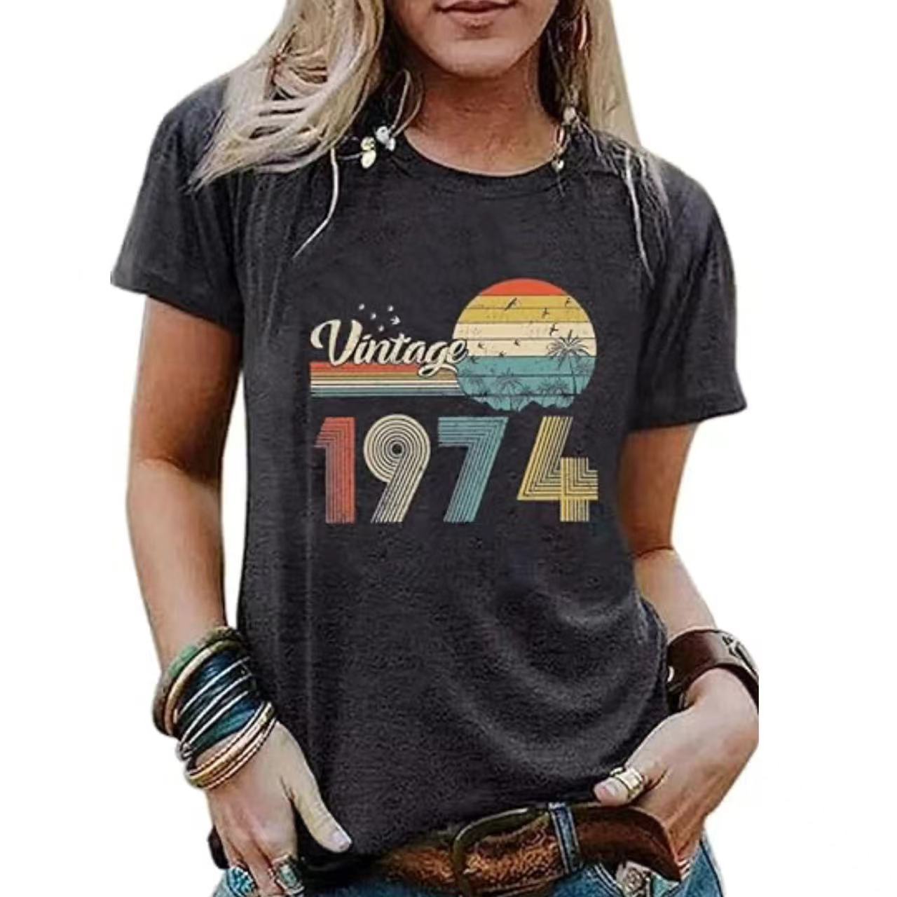 Custom Print Vintage Women's Graphic T-shirt Born in 1974 Stylized Print Party Top