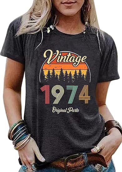 Custom Print Vintage Women's Graphic T-shirt Born in 1974 Stylized Print Party Top
